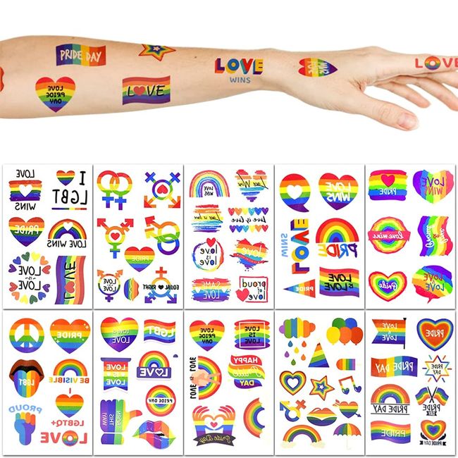 TAKUZA Pride Tattoos 10 Blatt LGBT Gay Regenbogen Temporäre Tattoos, 73 Stück Temporary Tattoo Lgbtq Sticker für Körperfarben Abziehbilder zum Feiern, Party, Aktivitäten