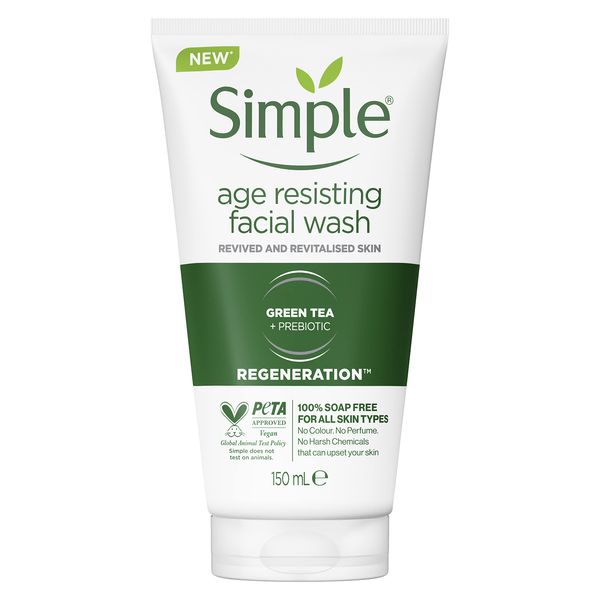 Simple Regeneration Age Resisting with green tea and prebiotic Facial Wash cleanser for revived and revitalised skin 150 ml