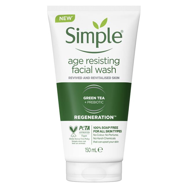 Simple Regeneration Age Resisting with green tea and prebiotic Facial Wash cleanser for revived and revitalised skin 150 ml