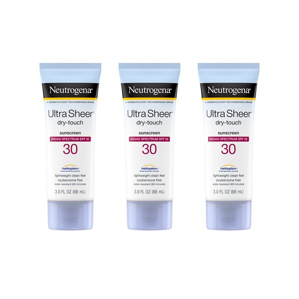 Neutrogena Ultra Sheer Dry-Touch Sunscreen Lotion, Broad Spectrum SPF 30 UVA/UVB Protection, Oxybenzone-Free, Water Resistant, Non-Comedogenic, Non-Greasy, Travel Size, 3 Fl Oz, Pack of 3