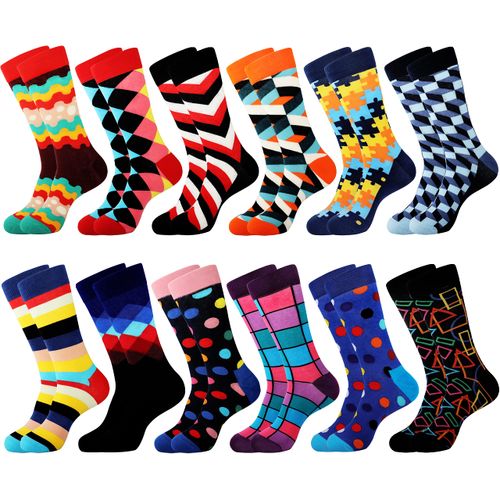 Jeasona Mens Funny Fun Crazy Dress Crew Socks Pack Funky Cool Gifts (Colorful Geometry 12 Pairs)