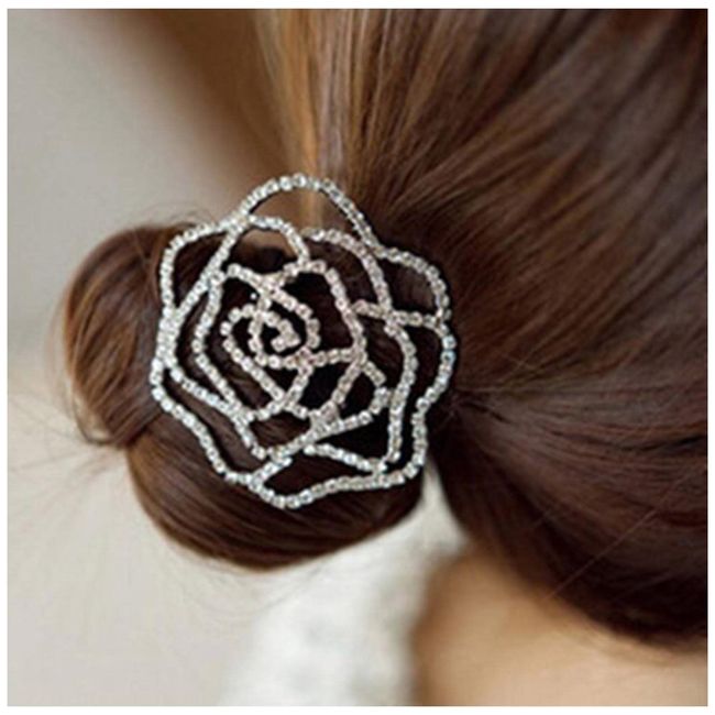 Yheakne Rhinestone Flower Hair Tie Scrunchies Silver Crystal Ponytail Holder Round Elastic Hair Band Black Rope Crystal Ponytail Holder Metal Hair Accessories for Women and Girls Gifts