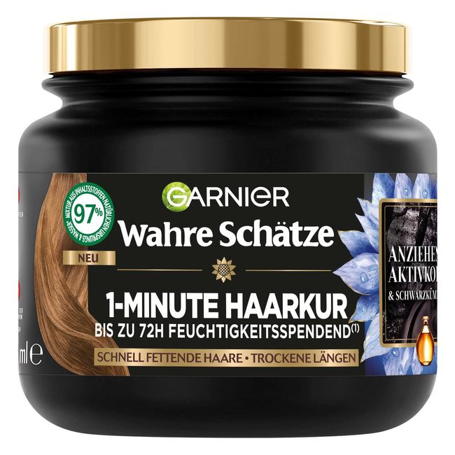 Garnier Wahre Schätze Ausgleichende Charcoal Haarmaske, Haarkur für Schnell Fettende Kopfhaut und Trockene Haarlängen, Aktivkohle und Schwarzkümmelöl, 340 ml (1er Pack)