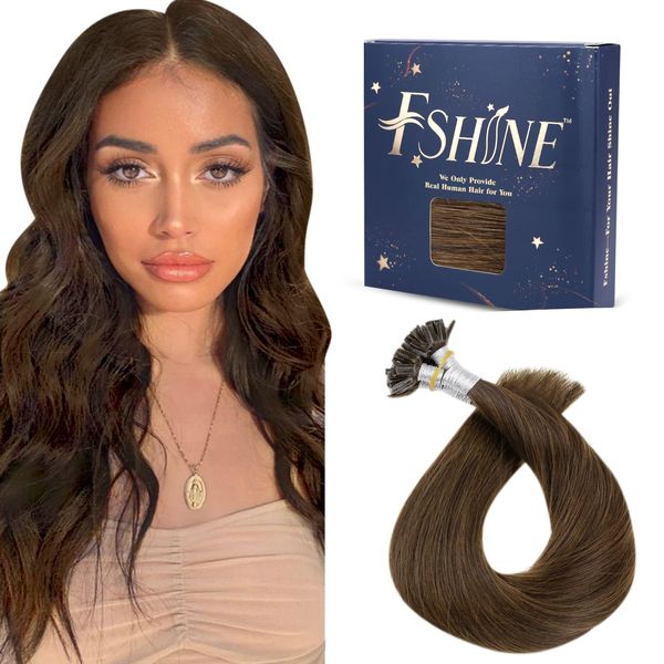 Fshine U Nail Tip Hair Extensions Middle Brown 20 inch Remy 100% Human Hair Extensions Pre Bonded 50g/50s Hot Fusion Keratin Bonding