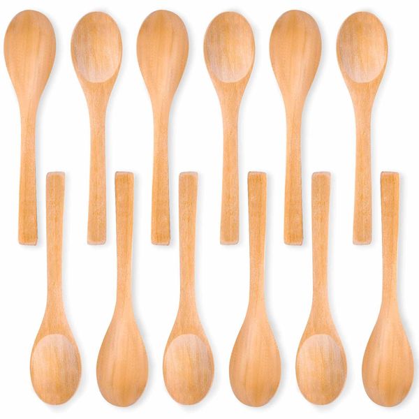 VGOODALL Wooden Spoons Handmade, 12PCS 13cm Small Wooden Spoons Serving Condiments Salt Sugar Spoons Honey Teaspoon Coffee Tea Jam Mustard Ice Cream Spoons Wooden Cutlery Jar Wedding Party