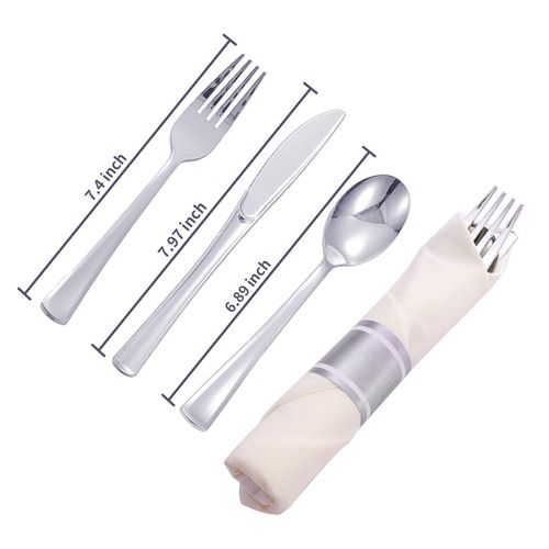 N9R 30 Pack Pre Rolled Silver Plastic Cutlery Set, Wrapped Plastic Silverware Set with 30 Forks, 30 Knives, 30 Spoons and 30 Napkins, Disposable Cutlery Set for Party and Wedding