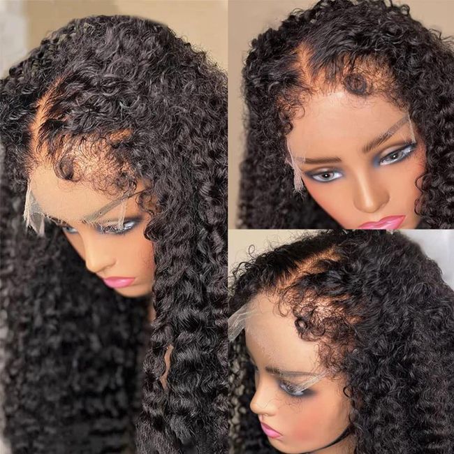 Youleas 180% Density 13x4 Kinky Curly Edges Baby Hair Lace Wig Deep Wave Curly Lace Front Human Hair Wigs Kinky Curly Edges Hairline Transparent HD Lace Frontal Wig (16inches)