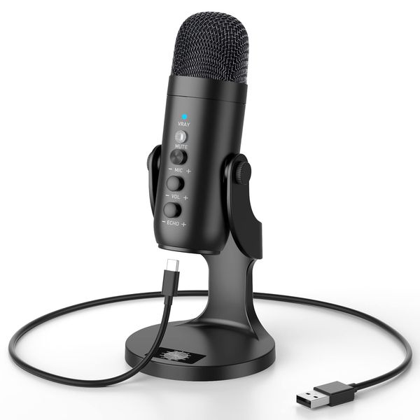 Condenser Microphone, USB Microphone, Unidirectional Microphone, Desktop Microphone for PC Recording Microphone, 0.1 inch (3.5 mm) Earphone Terminal, LED Indicator, Light Echo Function, Computer