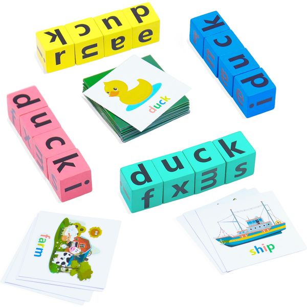 Humerry Word Spelling Game, Matching Letter Game for Kids, Fast-paced Word Race Cube Game, 40pcs Flash Cards Alphabet Blocks, Preschool Learning Educational Toys for Gift for Kids Ages 3-8