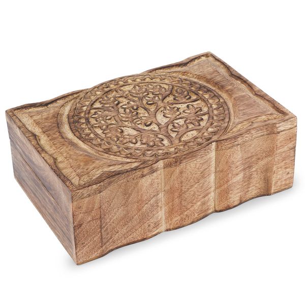 Ajuny Wooden Handcrafted Decorative Box With Center Tree Carvings Brown - Multipurpose Use As Jewelry Storage, Watch Box, Great For Gifts 9X6