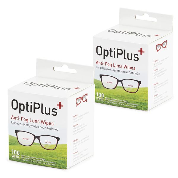 OptiPlus Anti Fog Lens Wipes l Pre-Moistened l Cleaning Wipes for Glasses, Laptops Screens, Smart Phones, Optical Lens, Goggles, and Watch Screen l Quick-Dry & Scratch-Free l Two Pack of 100 Pack