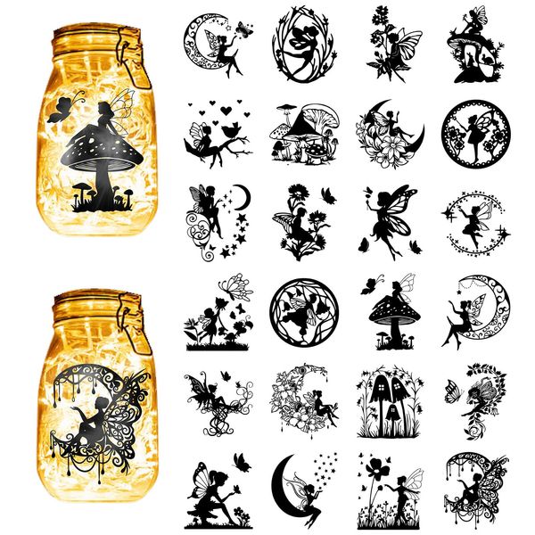 CREATCABIN 24Pcs Fairy Silhouettes Mason Jar Decor Angel Lantern Laser Cutouts Ornaments Mushroom Moon Scrapbook for Frosted Glass Wall Windows Cars DIY Crafts Xmas Black 3.9x3.5Inch(No Sticker)