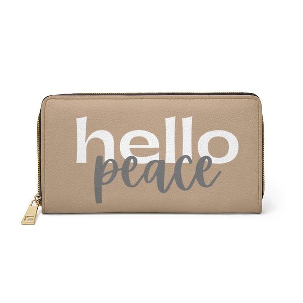 Womens Wallet, Zip Purse, Light Brown & White Hello Peace - One size