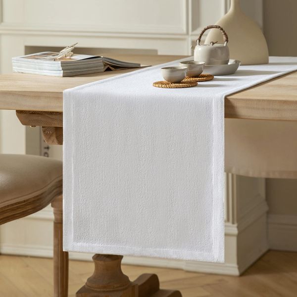 ZeeMart Burlap Style Farmhouse Table Runners 90 Inches Long, White Rustic Woven Dining Table Runner for Everyday Use, 14x90 Inches, White