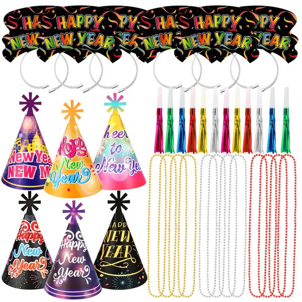 HOWAF New Years Eve Party Supplies 2025, Pack of 36 Happy New Year 2025 Party Kit, Happy New Year Headband New Years Eve Party Hats Cone Hats New Years Noisemaker Bead Necklaces for NYE Party Favors