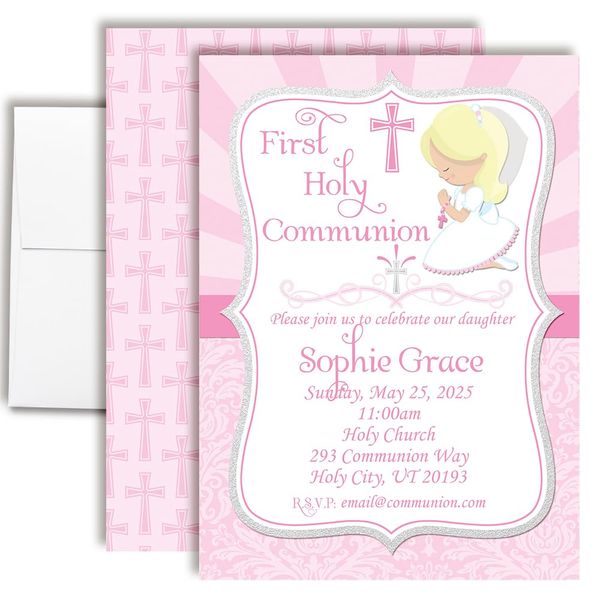 Custom First Holy Communion Invitations 20 5x7 Custom First Holy Communion Invitation Cards With Twenty Envelopes - Unique Religious Theme Invitations for Girls (Light Skin, Blond Hair)