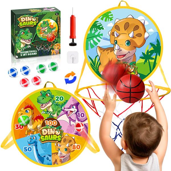 LAFALA Basketball Hoop, 14" Mini Basketball Hoop for Toddler Indoor Play Dart Board for Kids 2 in 1 Toddler Toys Birthday Dinosaur Party Favors Basketball Hoop for Kids 3,4,5 Years Old, Yellow