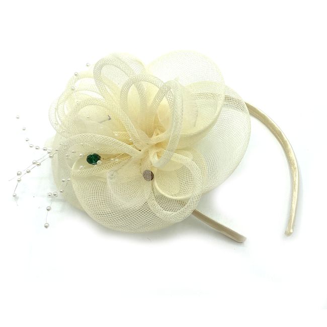 Ladies Beaded Aliceband Fascinator, Hairband Fascinator Hat, Weddings Races Royal Ascot, Hair Piece (Cream)