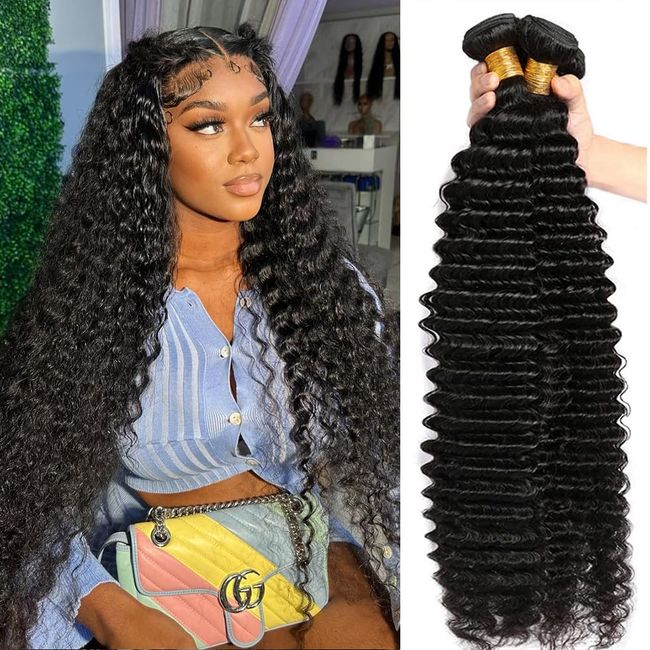 Perstar Human Hair Bundles Deep Wave（22 24 26 28 inch）100% Brazilian Virgin Remy Hair Deep Curly 4 Bundles Human Hair Double Weft for Black Women Natural Color