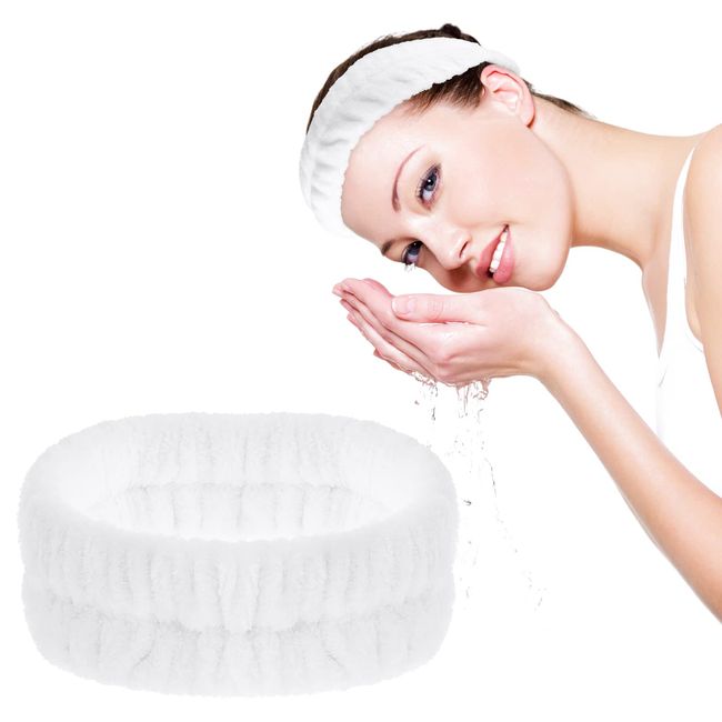 WLLHYF Spa Facial Headband, Makeup Headbands Terry Cloth Hair Band for Washing Face Yoga Sports Shower Skincare Elastic Head Band Wrap for Girls and Women (White)