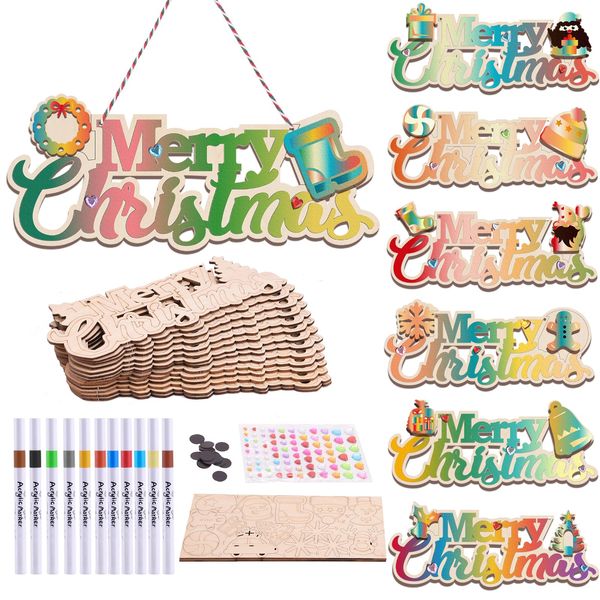 Christmas Wooden Ornaments Crafts for Kids to Paint,14 Pcs Unfinished Wood Painting Kits with Acrylic Paints & Gem Sticker for Girls and Boys Age 4-8 8-12,DIY Hanging Decor for Xmas Tree,Door