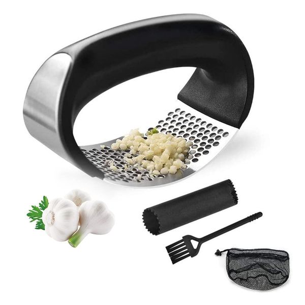 Garlic Press, Garlic Crusher, Chopper, Ginger Crusher, 304 Stainless Steel, Ergonomic, Labor Saving, Brush and Garlic Peeler, Includes Storage Bag Compatible with (Style 1)