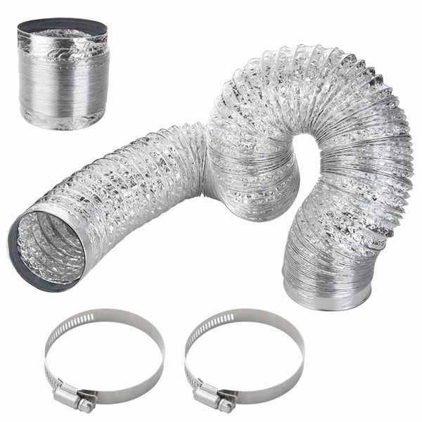 QISF 100mmx1.5M Aluminium Foil Flexible Ducting,Air Duct Flexible Hose with 2 Clamps for Tumble Drier, Cooker Hood, Extractor Fan, Hydroponics Grow Room,Bathroom Extraction Fan