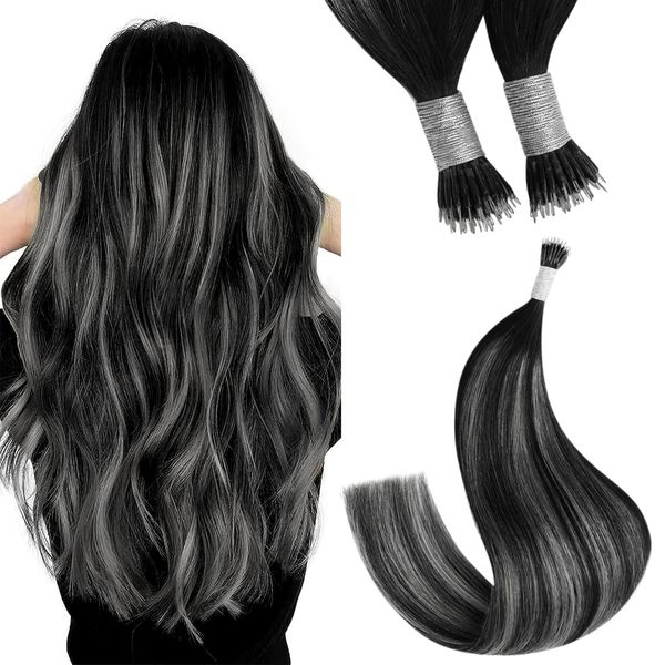 YoungSee Nano Beads Hair Extensions Silver Nano Hair Extensions Ombre Human Hair Ombre Black to Silver Nano Ring Hair Extension Silver Hair Extensions Nano Tip Black Ombre for Girls 1g/s 50g 14inch