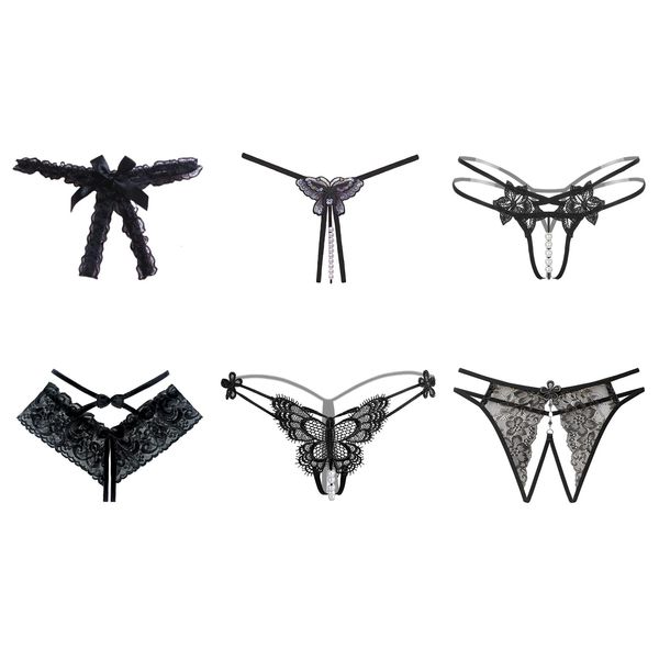 CANMIYOU 6er Packs Damen Spitze Sexy Tanga,Ouvert Slip Unterhosen,Niedrige Taille Offener Schritt V-String Thongs,Perspektive Höschen mit Perlen Blumen Bögen,Erotische Unterwäsche (E)