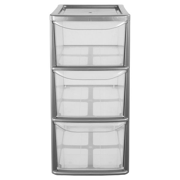 Medium Lightweight & Strong Silver Plastic Storage Tower Unit With 3 Clear Drawers (1)