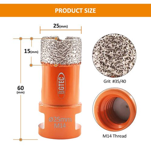 BGTEC Dry Diamond Core Drill Bits Diameter 25mm for Porcelain Tile Ceramic Marble Brick M14 Thread