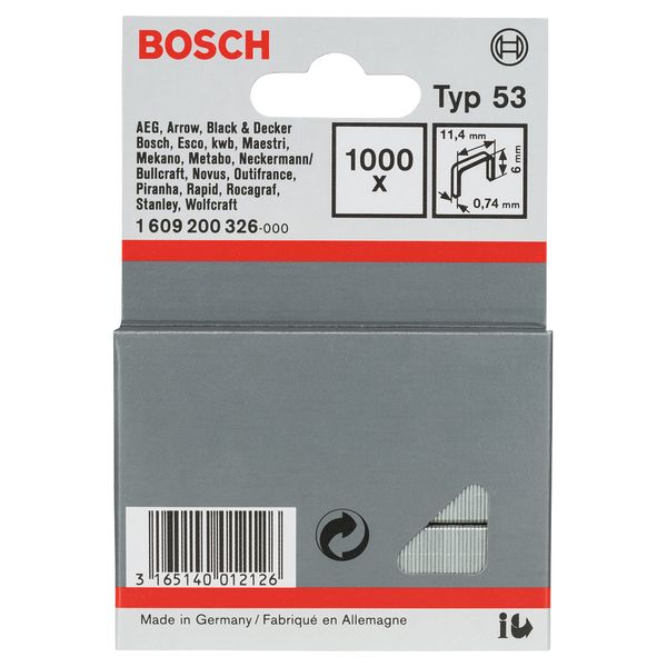 Bosch Professional 1000x Fine Wire Staple Type 53 (Natural Materials, Textiles, Carton, 11.4 x 0.74 x 6 mm, Accessories Tacker, Staple Gun)