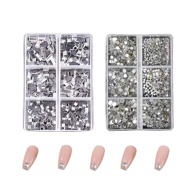 Rhinestones 2 Case Set, Square, Round, Clear, Nail Parts, Stone, Square, Round Nails, Rhinestones, Round, Square, Rectangle, Glass Stone, Deco Parts, Large Capacity