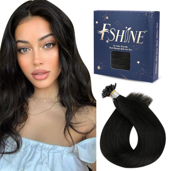 Fshine U Tip Hair Extensions Pre Bonded Human Hair Pre Bonded U Tips 16 inch Nail Tip Remy Hair Extensions Color 1 Jet Black 50g/50s Hot Fusion