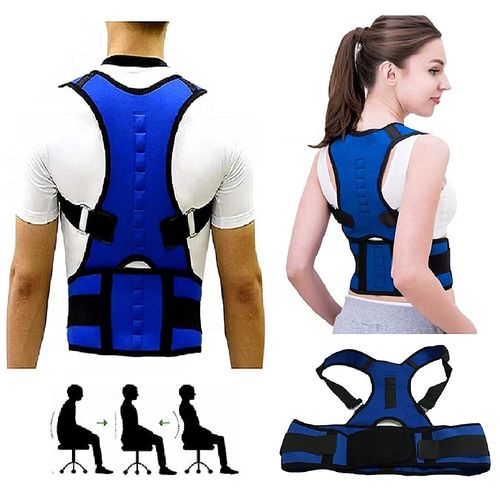 Posture Corrector Magnetic Neoprene Orthopaedic Belt Lumbar Spine Lower Backache Support Bad Back Scoliosis Shoulder Back Pain Relief Brace - Blue - L (35-38 inches)