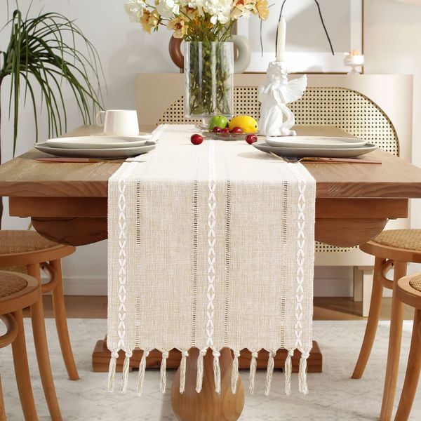 Yicorgard Fall Table Runner Rustic Farmhouse Style 33 x 160 cm, Braided Striped Linen Cream Table Runner 60 Inches Long with Tassels for Dining Room Kitchen Reading Dresser Décor,Ivory White