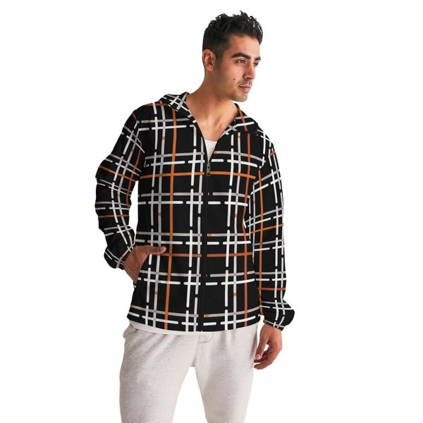 Mens Lightweight Windbreaker Jacket with Hood and Zipper Closure, Tartan Plaid Illustration - XXL / Black