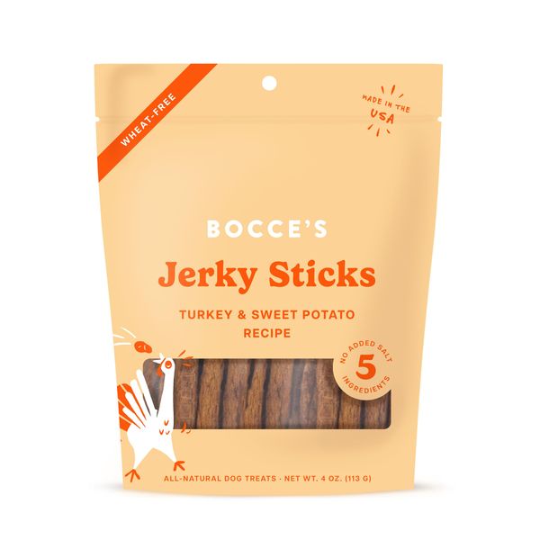 Bocce's Bakery Jerky Stick Dog Treats, Wheat-Free, Made with Limited-Ingredients, Baked in The USA with No Added Salt or Sugar, All-Naural & High-Protein, Turkey & Sweet Potato, 4 oz