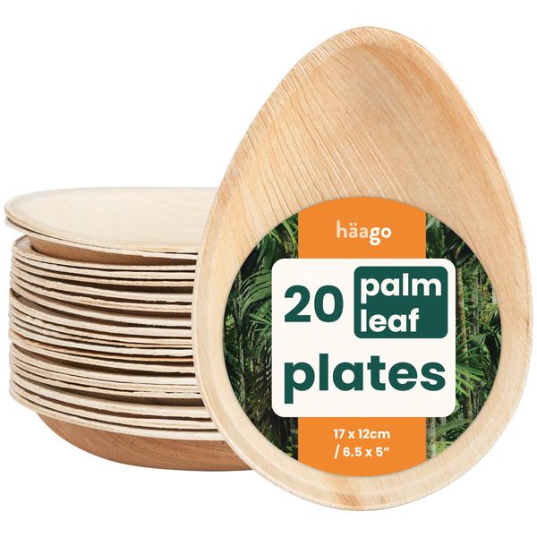 HAAGO 20 Disposable Palm Leaf Plates Oval - Eco-Friendly like Wooden & Bamboo Plates for Hot & Cold Food, Microwave & Freezer Safe Compostable Plates, Alternative to Paper, Teardrop Oval Plates - 15cm