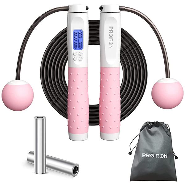 PROIRON Skipping Rope, Digital Jump Rope Adjustable Weights/Length Cordless Jumping Rope with Calorie Counter/Alarm Reminder Weighted Jump Rope for Fitness, Crossfit, Exercise, Boxing, MMA, Gym(Pink)