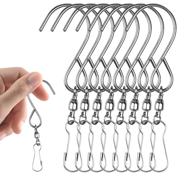 8 Pcs Rotating S-shaped Hook Rotating Hook Clips Garden Hooks Windproof Stainless Steel Swivel Hooks Clips for Wind, Chimes Spinning Swivel S Hooks for Flower Baskets, Bird Cages & Party Ornaments