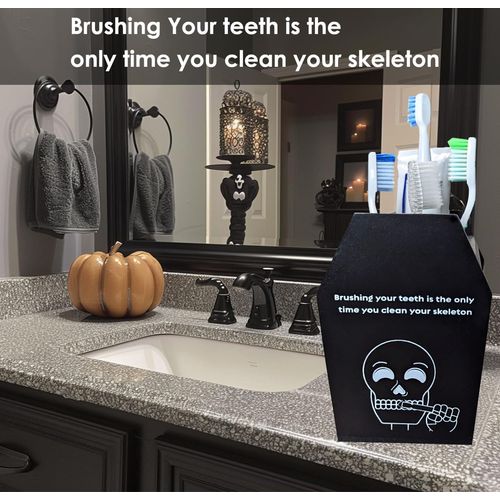 Unique Coffin Toothbrush Holder for Halloween Kids Gothic Bathroom Decor, Goth Funny Bathroom Accessories with Spooky Bats Skull Design, Can Holds 4 Toothbrushes, 1 Electric Toothbrush, 1 Toothpaste