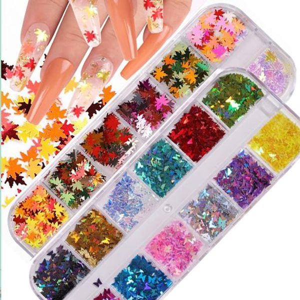 2 Boxes Colorful Maple Leaf Butterfly Glitter Film Hologram Aurora Nail Sequins 2MM 3MM Mix Size Blend Glitter Nail Glitter Nail Nail Art Supplies