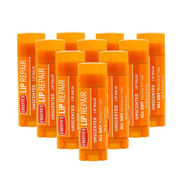 O'Keeffe's Unscented Lip Repair Lip Balm for Dry, Cracked Lips, Stick, (Pack of 10)