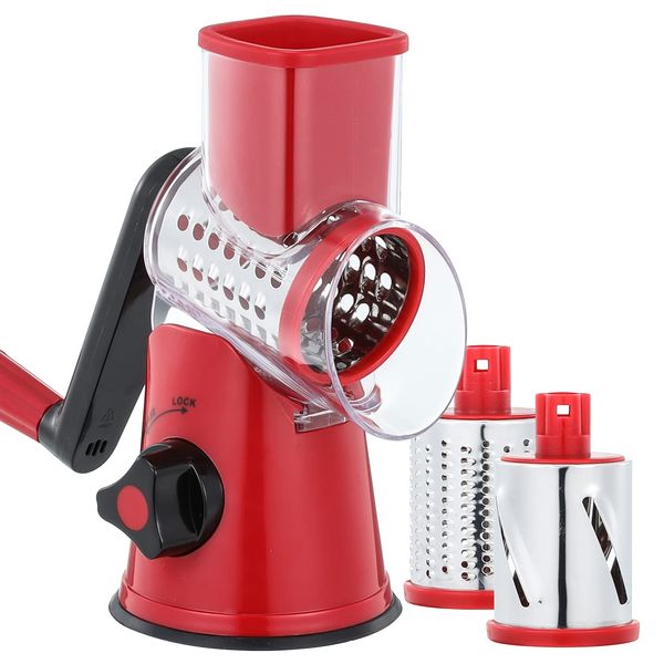 GDL Cheese Grater Rotary, Vegetable Slicer with 3 Interchangeable Drum Blades, Grater Kitchen Fast Cutting for Time Saving, Rotary Grater Suitable for Vegetable, Fruit, Nut, etc.