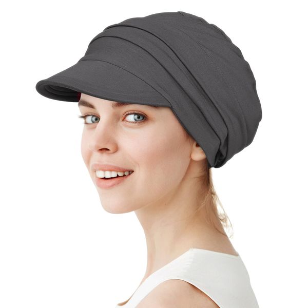 Slouchy Chemo Cap with Brim Large Head Bamboo Viscose Hat Dark Gray