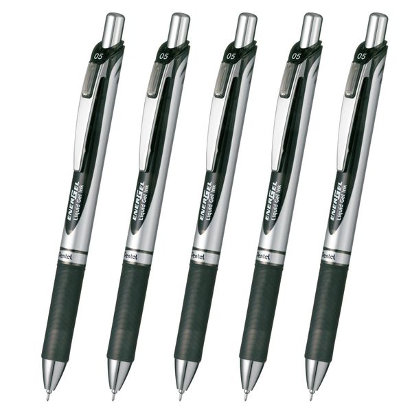 Pentel XBLN75ZA EnerGel Ink Ballpoint Pen, Black, Set of 5, 0.02 inches (0.5 mm)