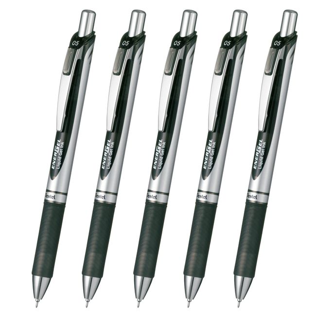 Pentel XBLN75ZA EnerGel Ink Ballpoint Pen, Black, Set of 5, 0.02 inches (0.5 mm)