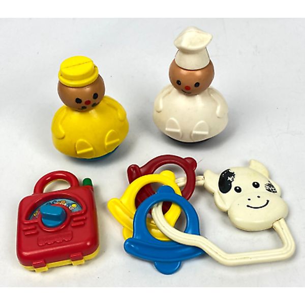 4 Vintage Fisher Price Toys Lot Men in a Tub Radio Cow Bell Baby Rattle