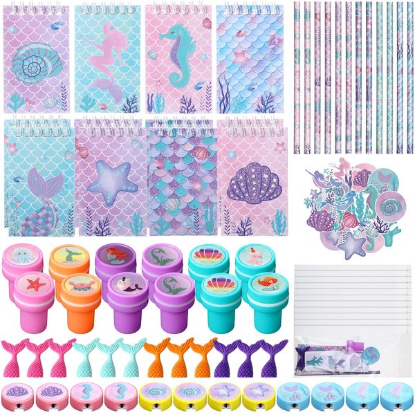 Faccito Mermaid Party Favors Mermaid School Stationery Set Class Reward Gift Notebooks Pencils Sharpener Erasers Stickers Sharpeners Stampers Mermaid Birthday Decoration Supplies (Beautiful,86 Sets)